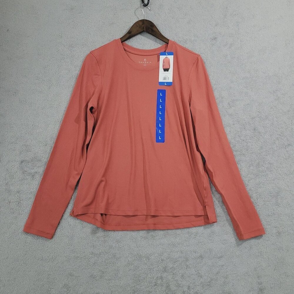 NEW Danskin L Coral Ribbed Long Sleeve Tee Polyester Womens Top// 25CT